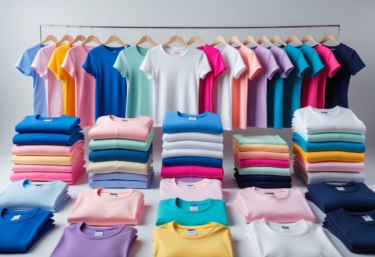 A neatly arranged collection of 28 women's classic crew neck T-shirts in various colors and styles displayed on hangers and folded on a neutral background.