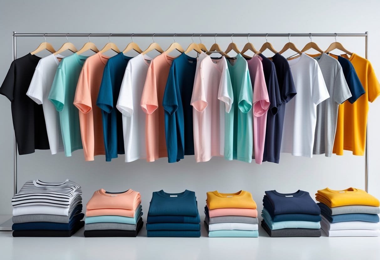 A collection of women's oversized T-shirts in various colors and styles displayed on hangers and shelves against a plain background.