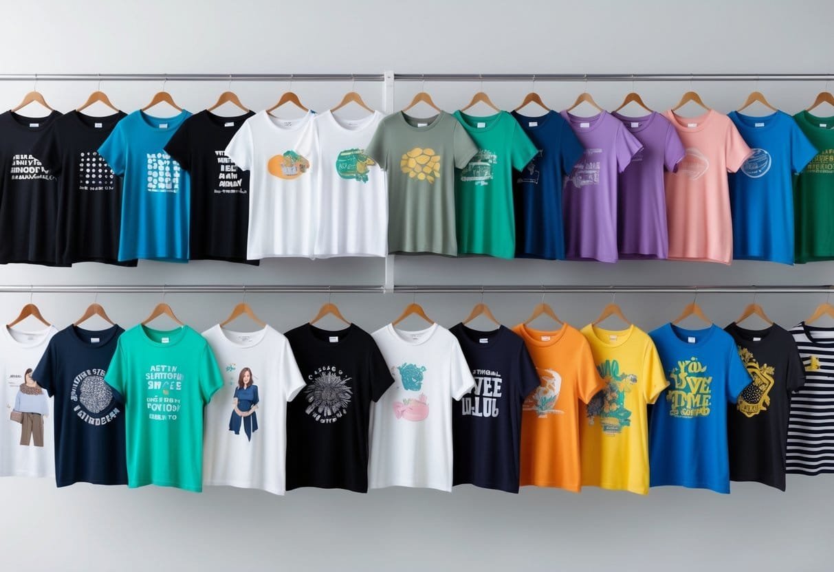 A collection of 28 women's graphic print T-shirts displayed on hangers against a plain background.