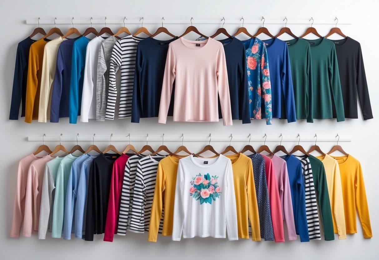 A collection of 28 different women's long sleeve T-shirts in various colors and patterns displayed neatly on a white background.