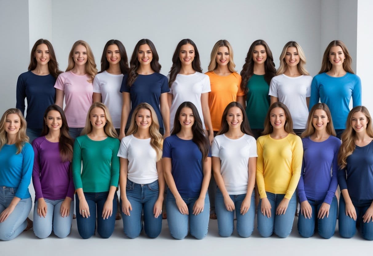 A group of women wearing different styles of raglan sleeve T-shirts, standing in a bright studio with a white background.