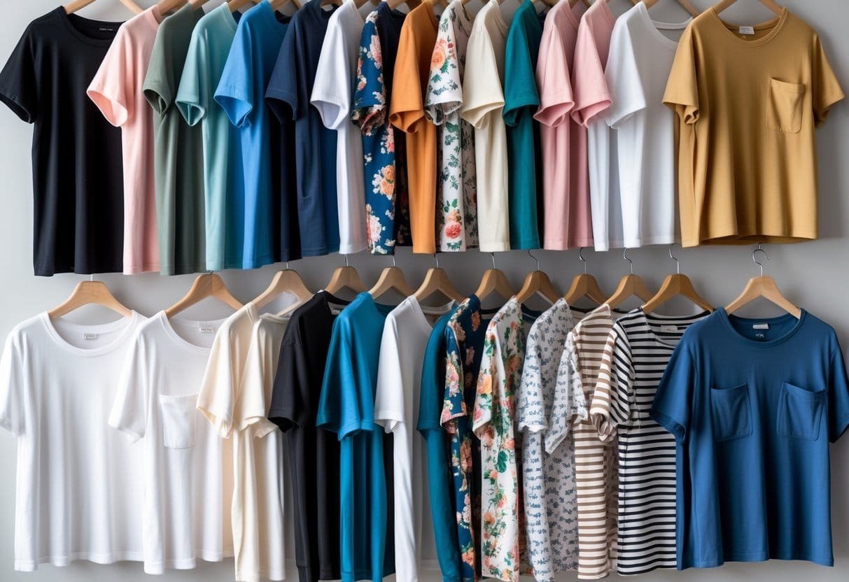 A collection of 28 women's pocket T-shirts in various colors and patterns arranged on a neutral background, some folded and some hanging on wooden hangers.