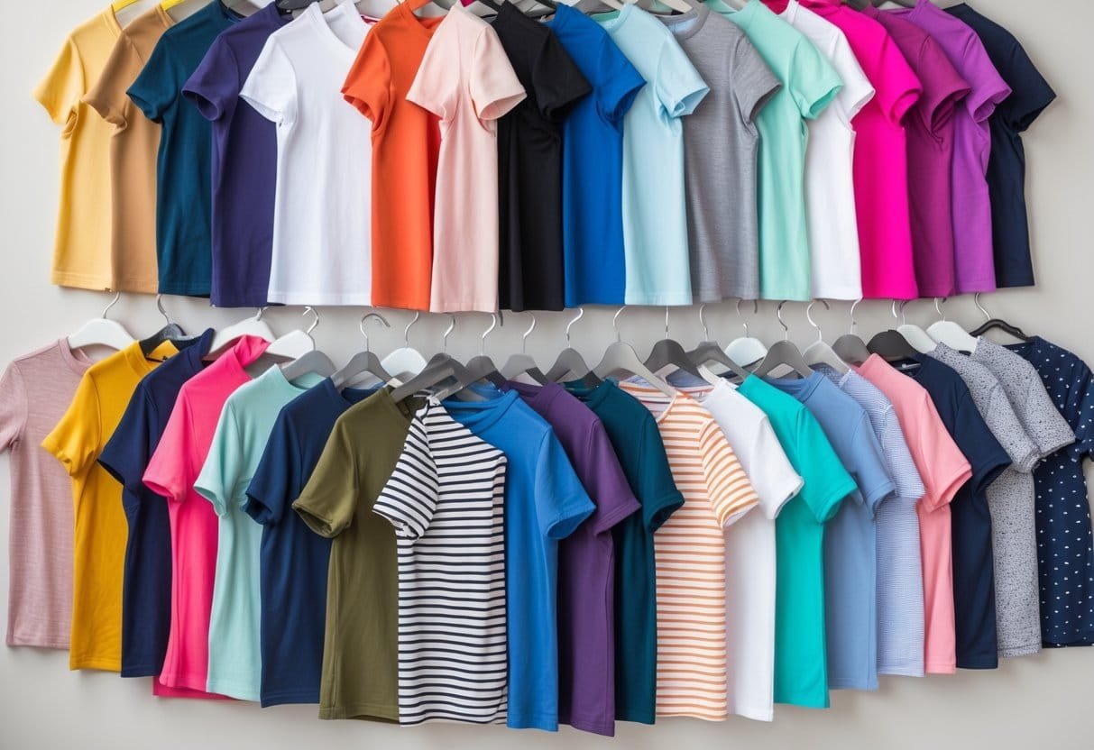 A neatly arranged collection of 28 women's boat neck T-shirts in various colors and patterns laid out on a flat surface.