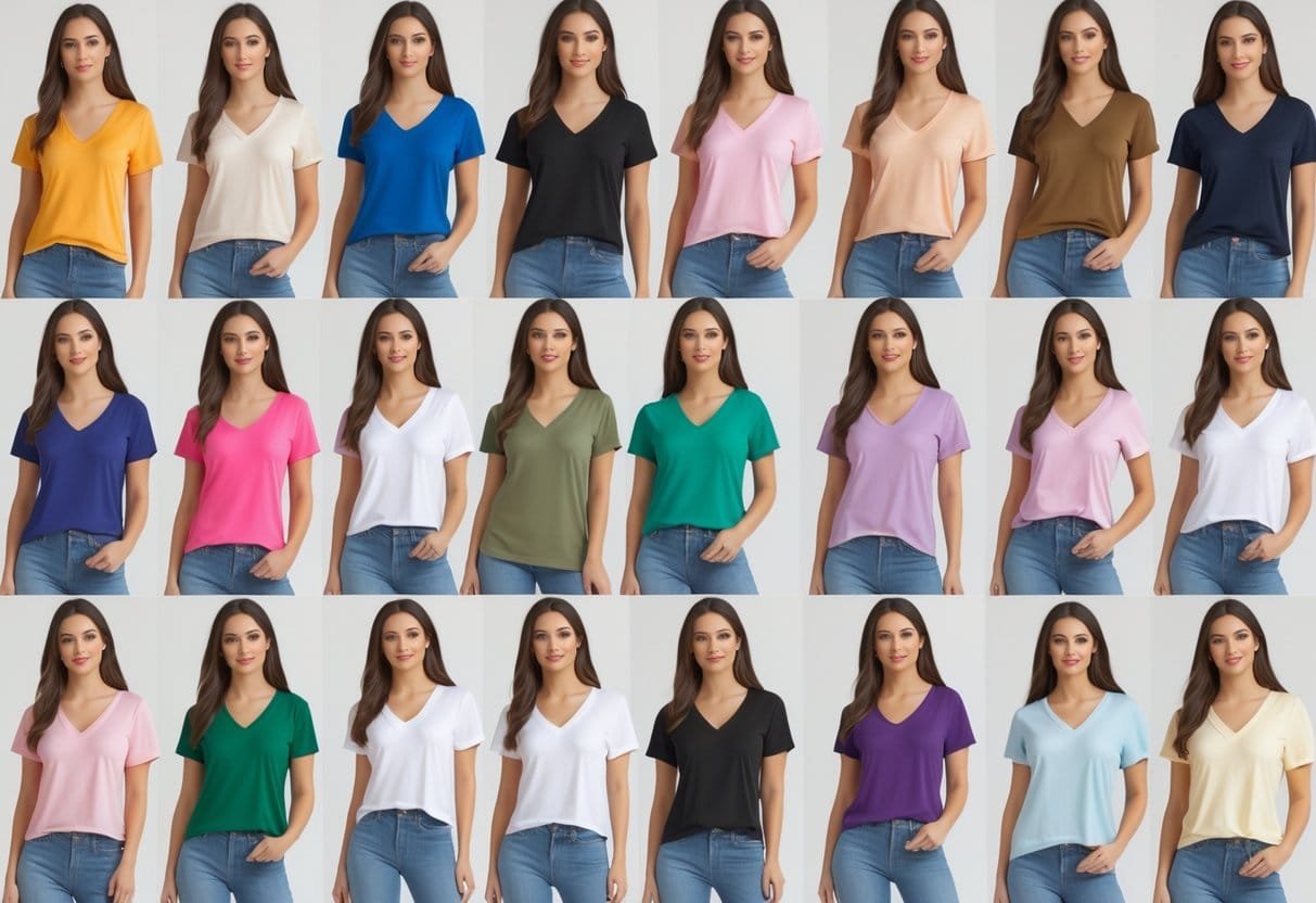 A group of women wearing various styles and colors of double V-neck T-shirts standing together in a studio.
