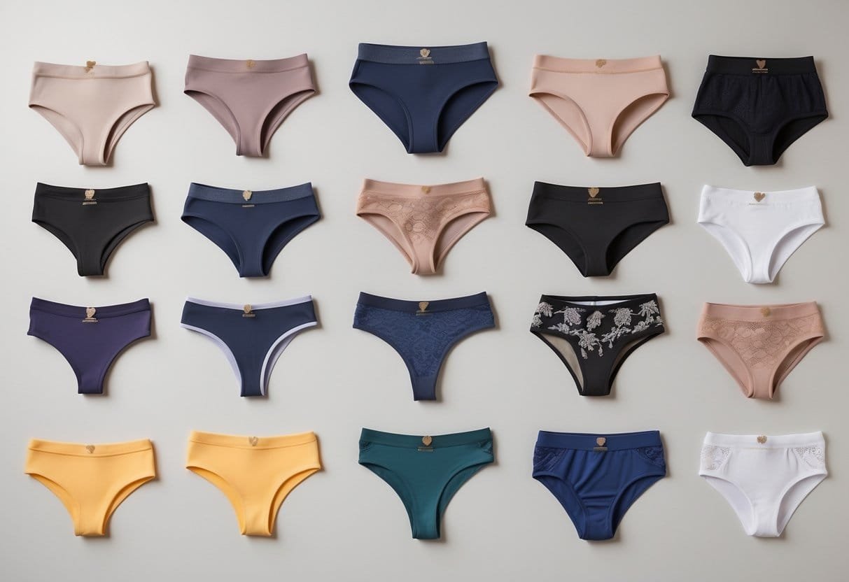A collection of 11 different types of women's panties arranged neatly on a flat surface.