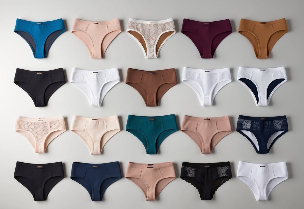 Eleven different styles of women's panties arranged neatly on a plain background.