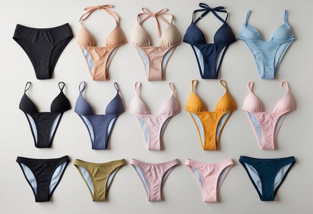A flat lay of eleven bikini panties in various colors and fabrics arranged neatly on a plain background.