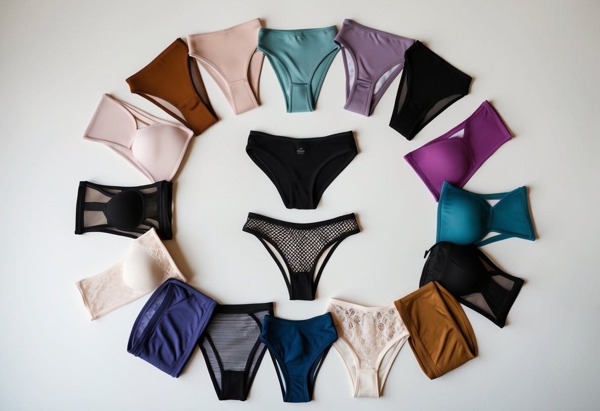 A flat lay of eleven different styles of women's panties arranged neatly on a neutral background.