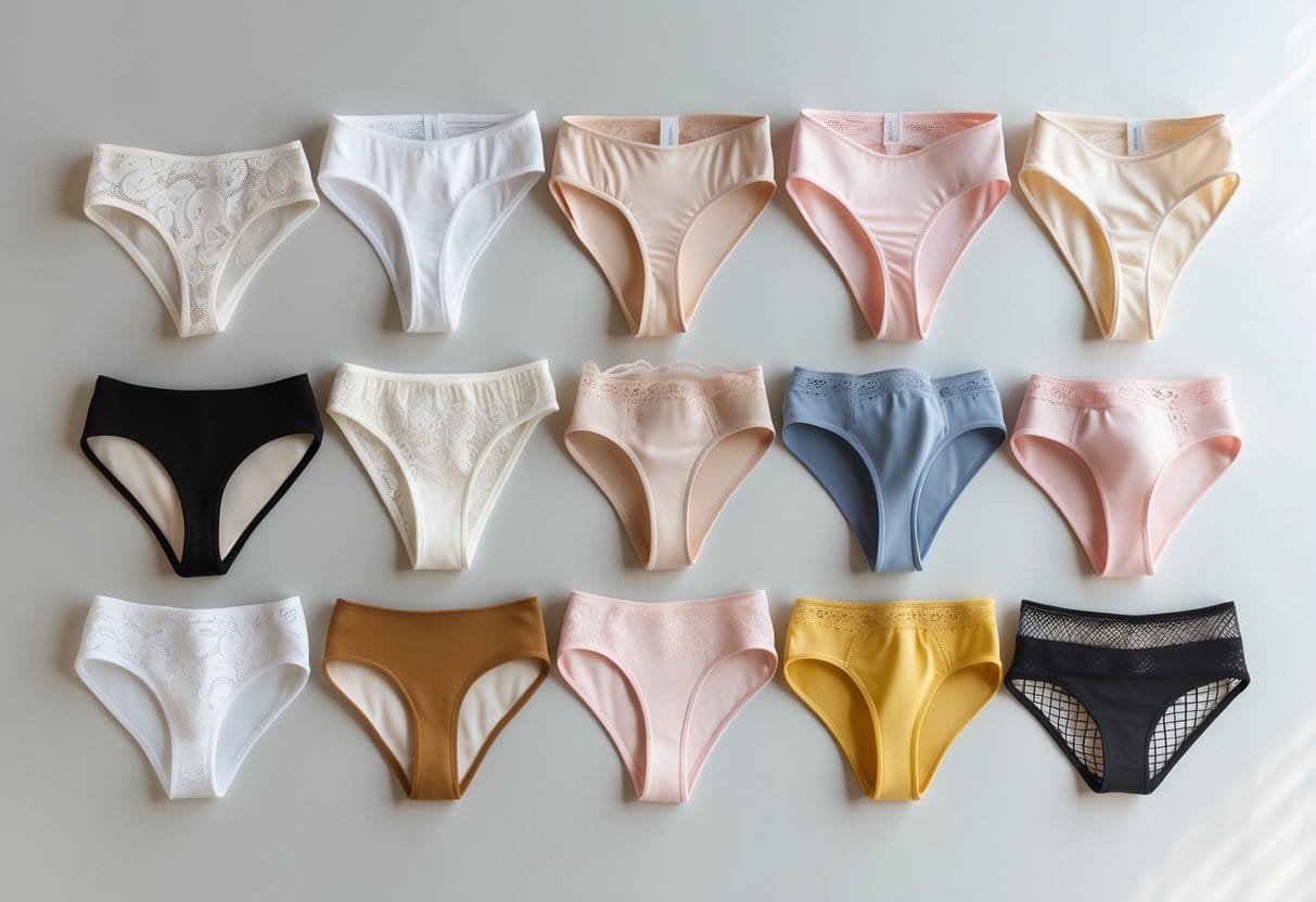 A flat lay of eleven different styles of women's panties arranged neatly on a neutral background.