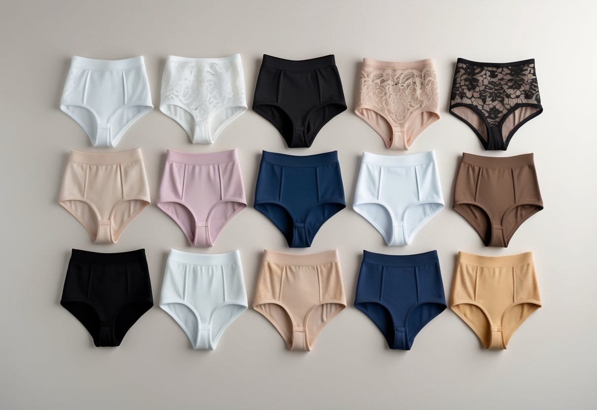 Eleven pairs of high-waist panties arranged neatly on a plain background.