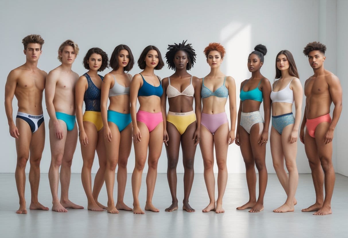 Eleven young adults standing side by side wearing different styles of colorful panties in a bright studio.