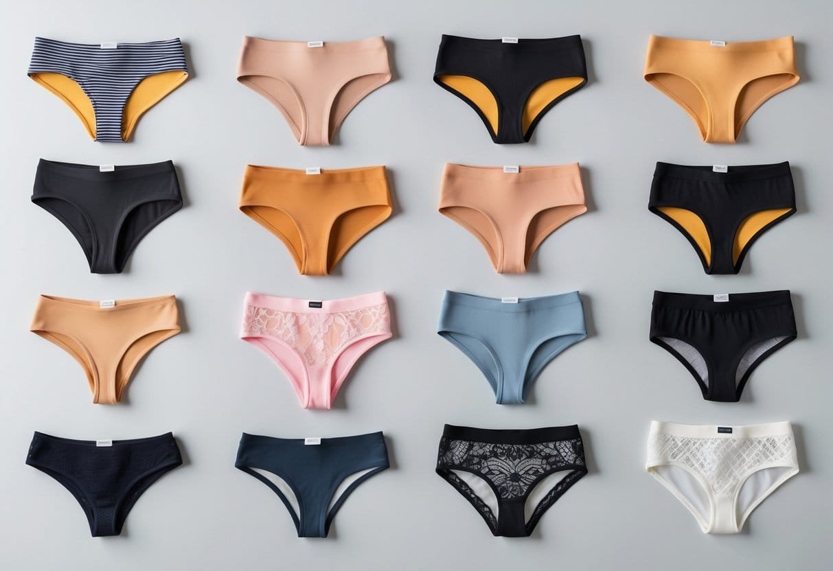 Eleven different styles of women's panties neatly arranged on a plain background.