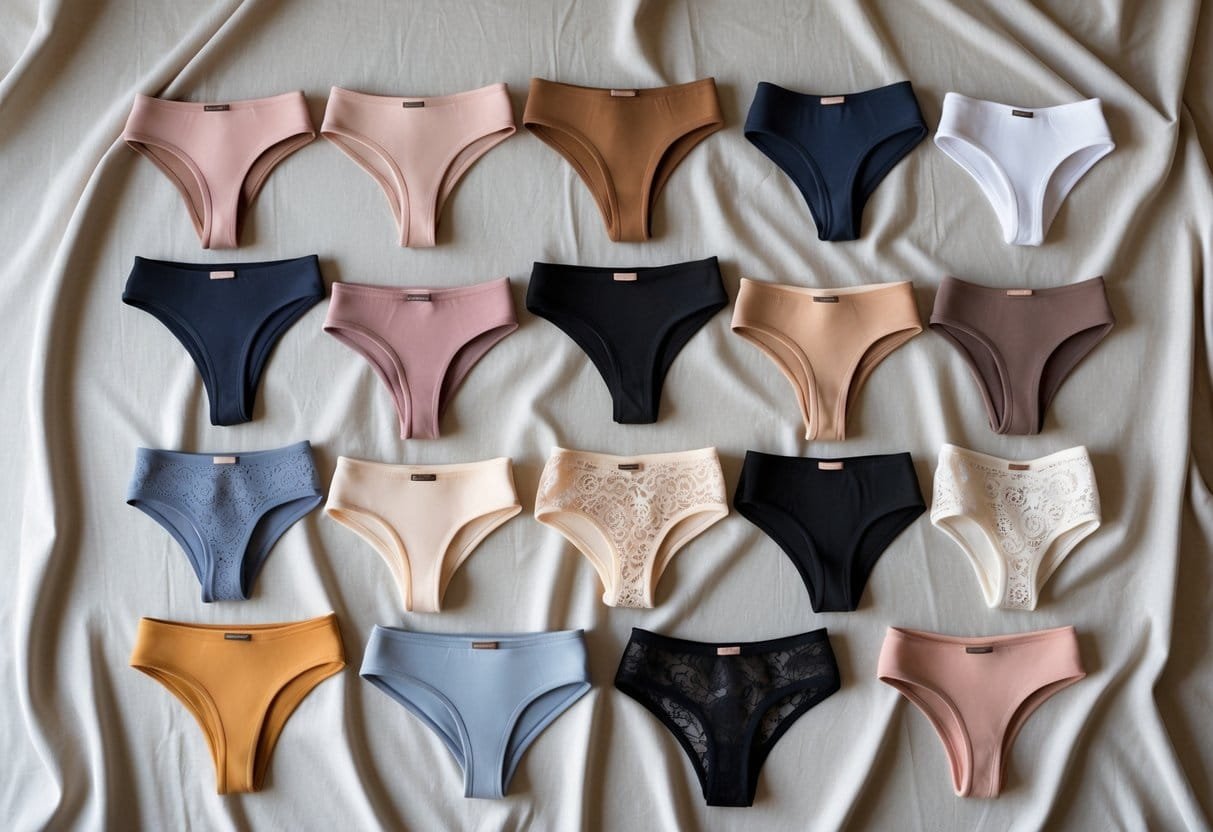 Eleven different styles of women's panties arranged neatly on a soft fabric background.