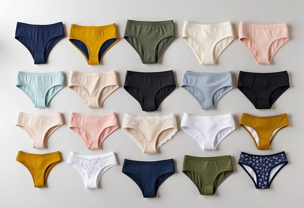 Eleven different styles of cotton panties arranged neatly on a plain background.