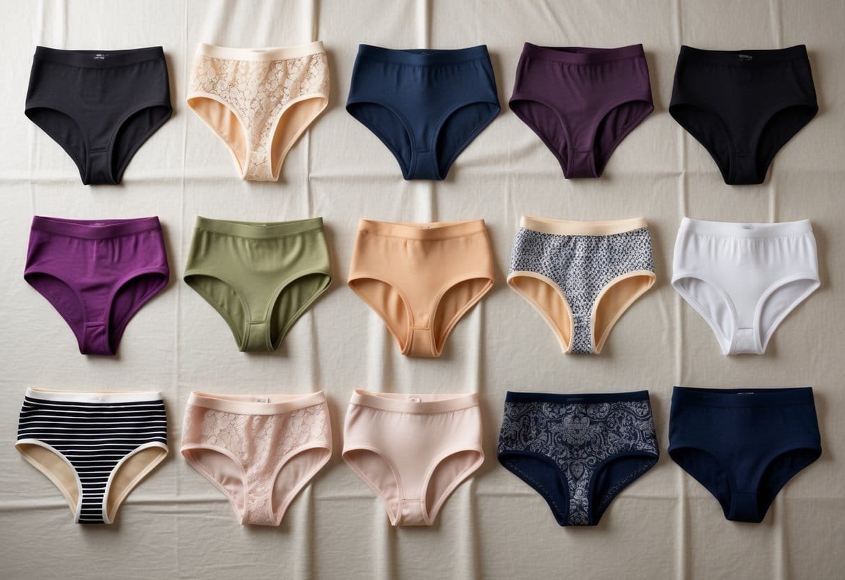 A neatly arranged collection of eleven different styles of women's panties displayed on a soft fabric background.