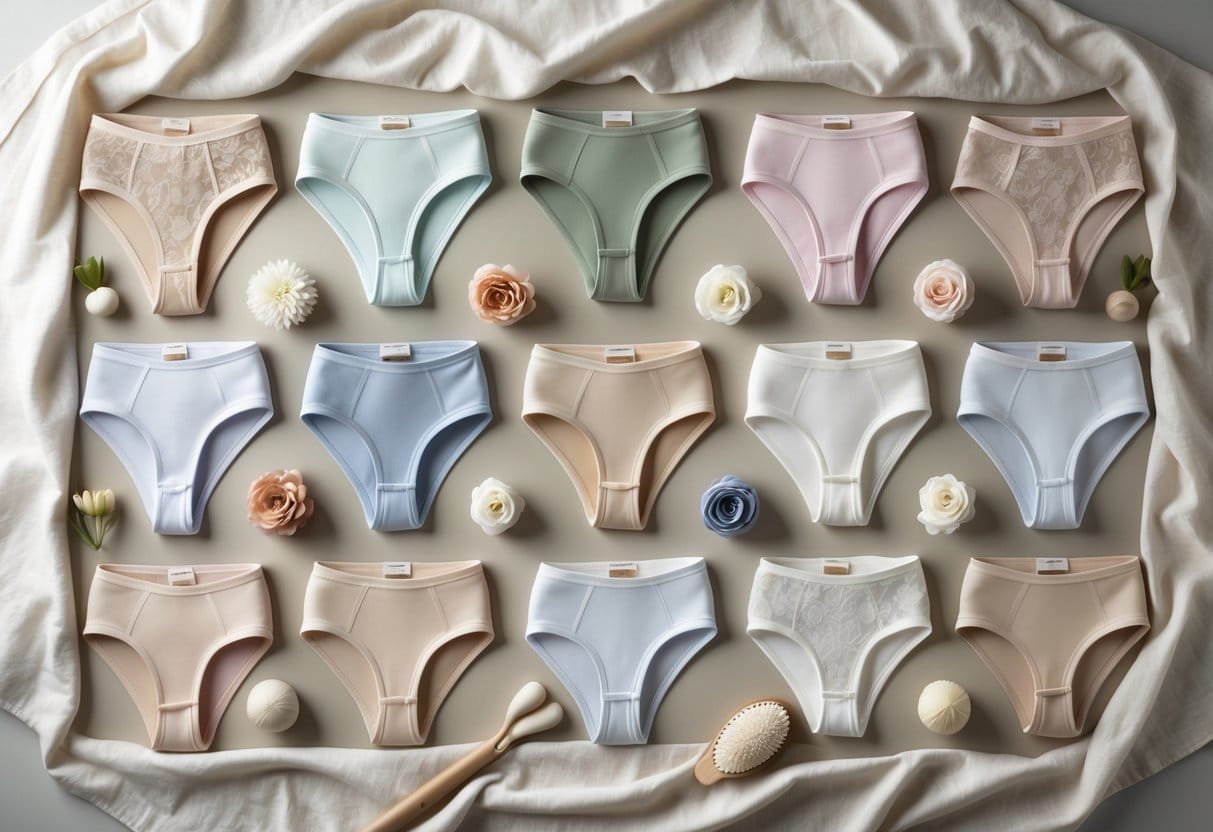 Eleven different styles of women's panties neatly arranged on a soft fabric background with laundry care items nearby.