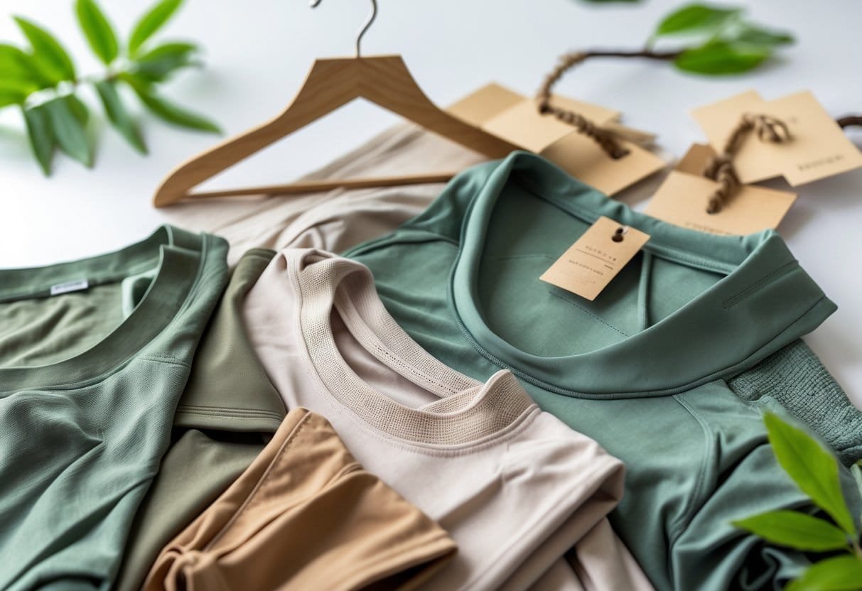 Close-up of sportswear made from sustainable fabrics with natural elements like leaves and wooden hangers.