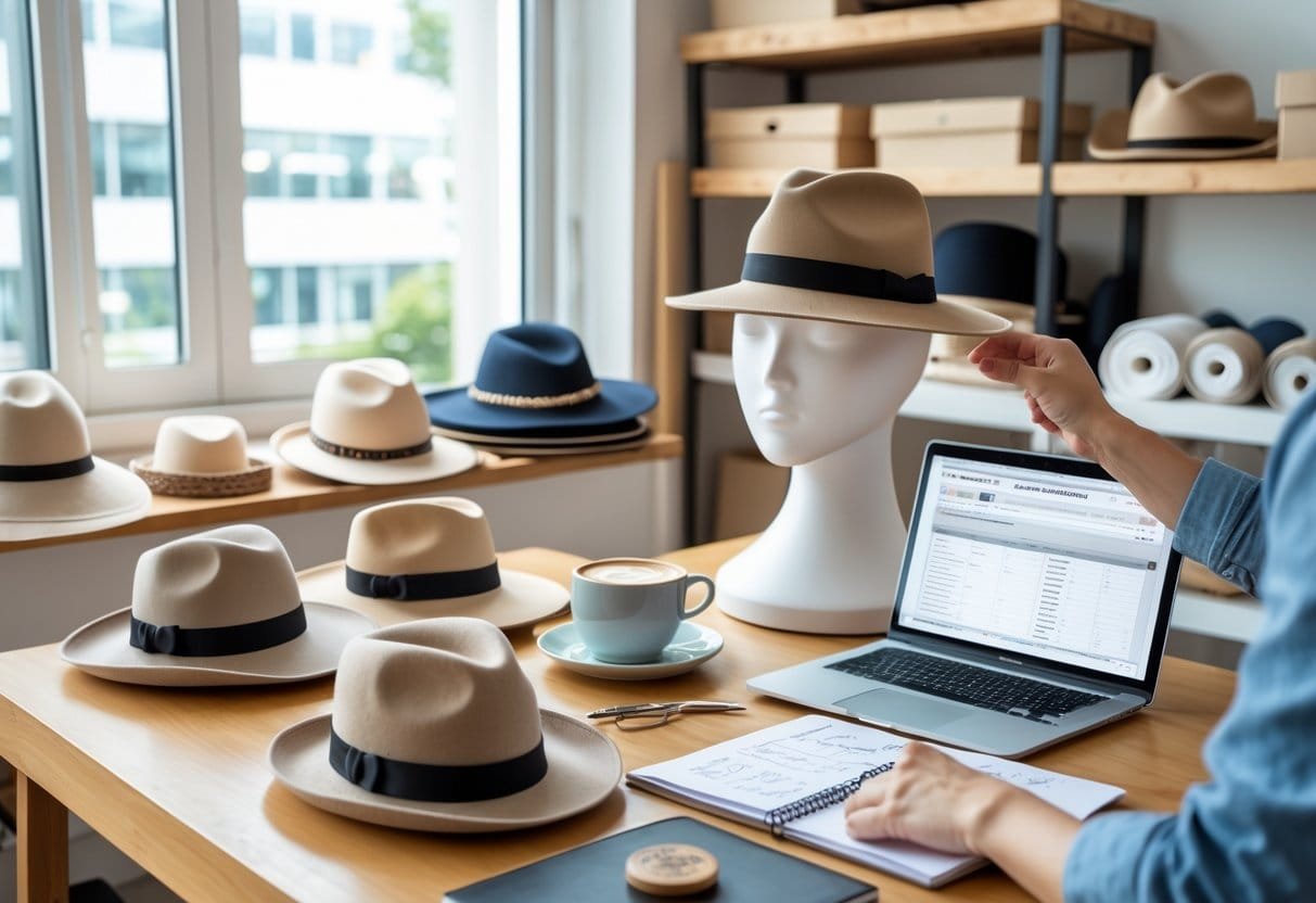 Workspace with hats, a laptop, and sewing tools showing the process of starting a hat business.