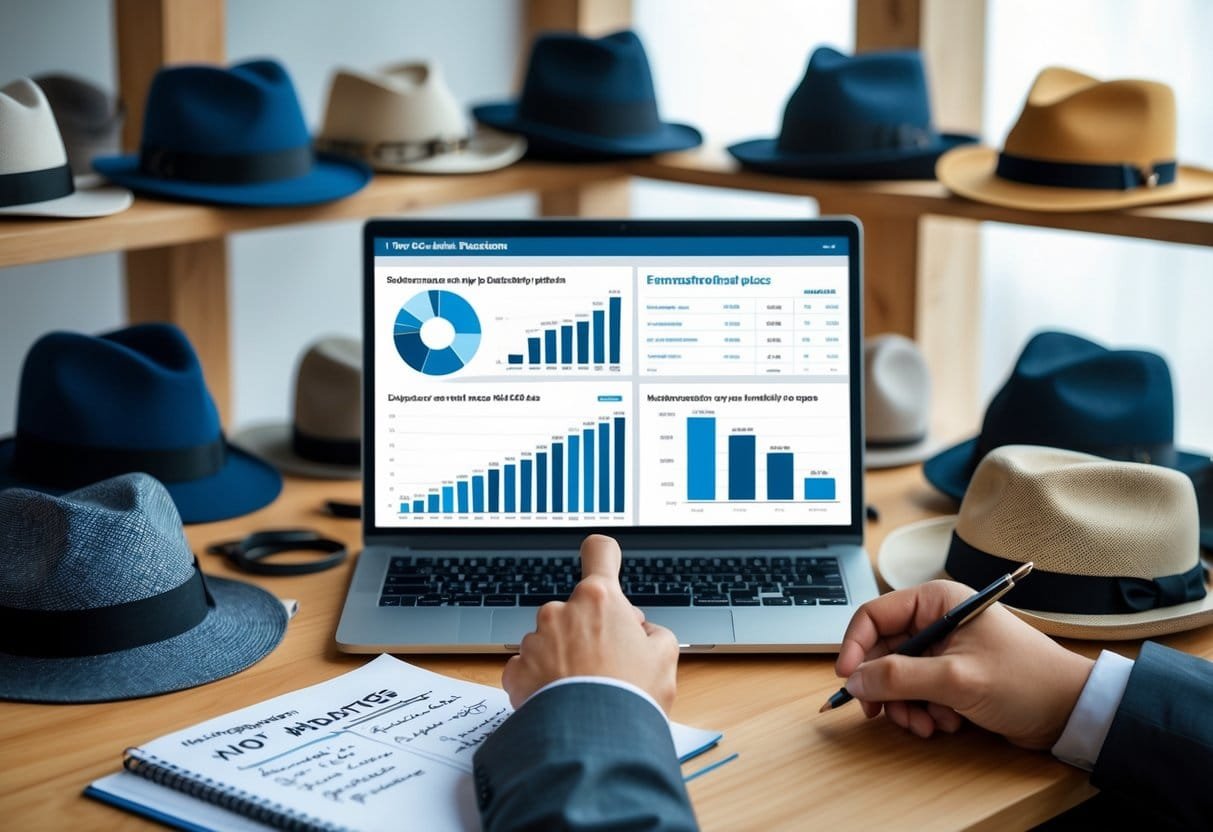 A workspace with a laptop, various hats, and a person writing business plans, surrounded by shelves displaying hats.