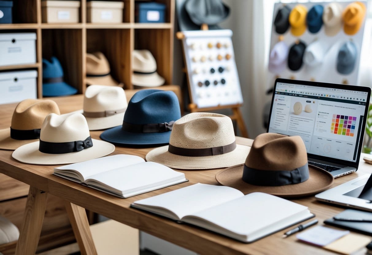 A workspace with various hats, notebooks, a laptop, and fabric samples arranged neatly on a wooden desk.