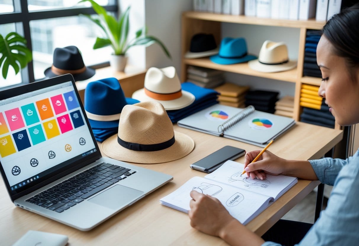 A workspace with a laptop, sketches, and hats arranged on a desk, with a person drawing hat designs in a bright office.