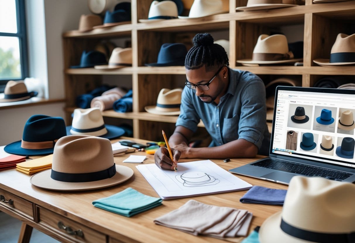A person sketching hat designs at a desk surrounded by various hats, fabric swatches, and a laptop displaying sourcing information.