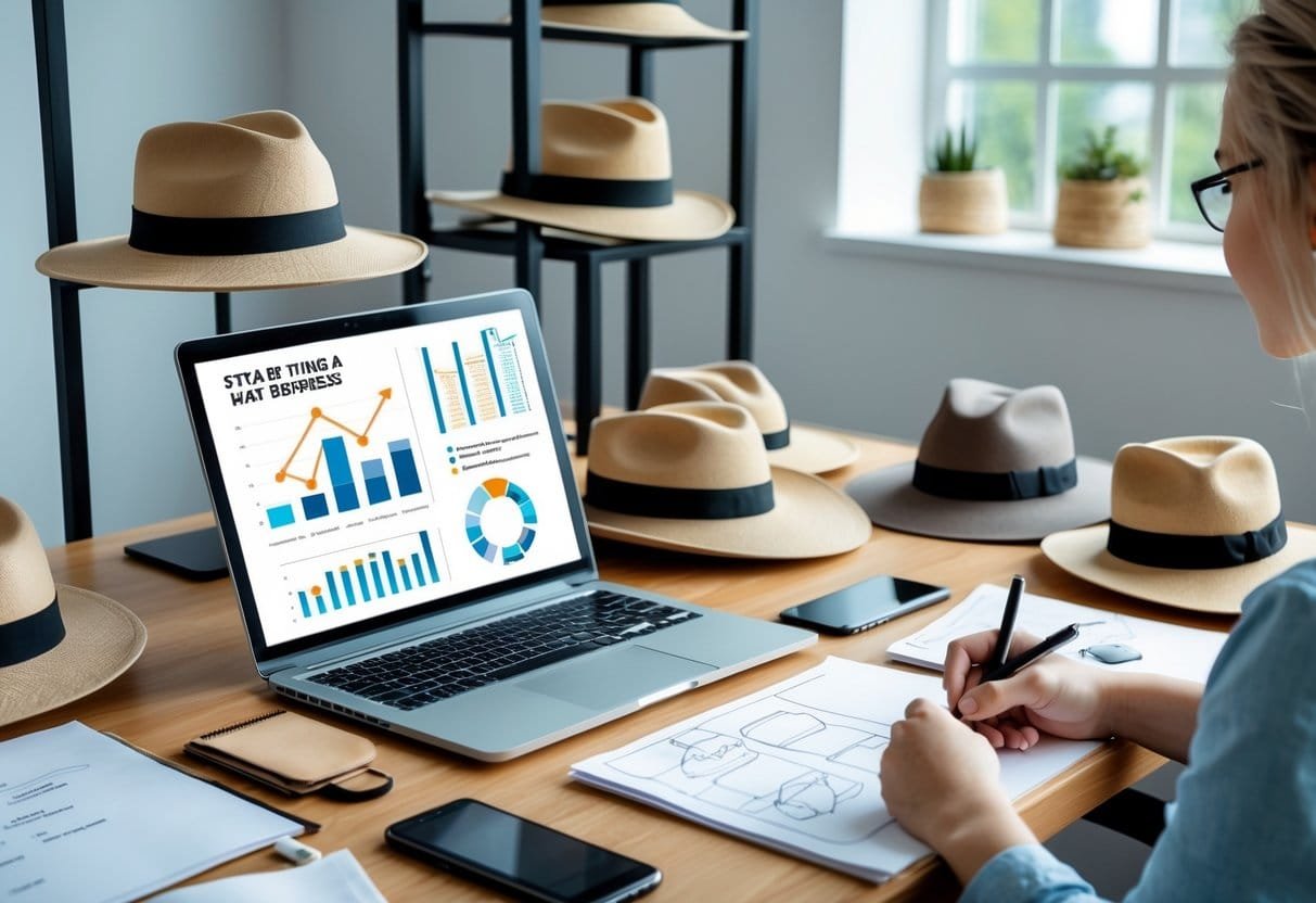 A person sketching hat designs at a desk with hats on stands, a laptop, notebook, and coffee cup in a bright office.
