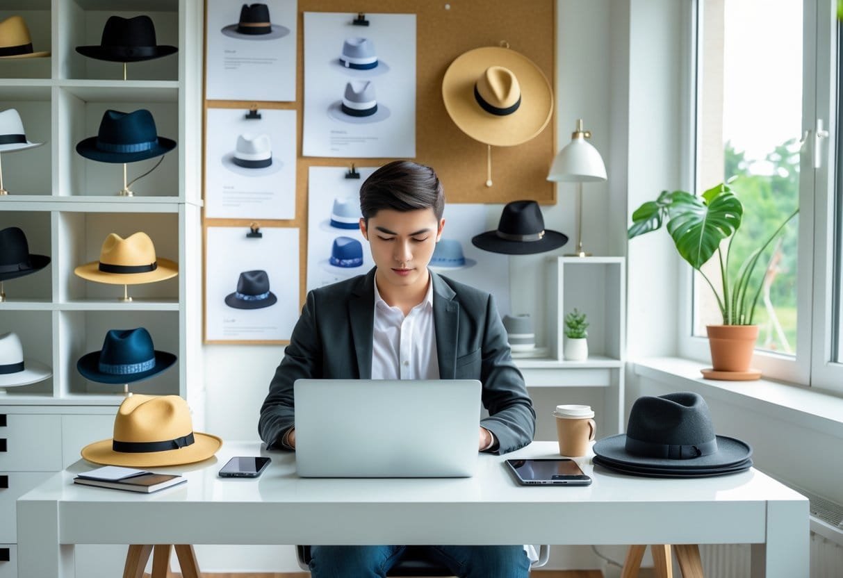 A person working at a desk with hats displayed around, using a laptop in a bright home office.
