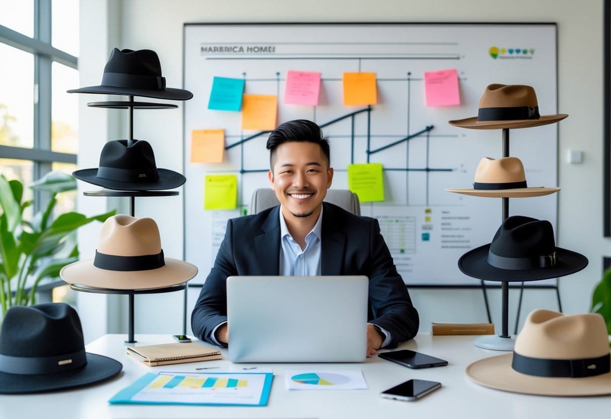 An entrepreneur working at a desk surrounded by hats and marketing materials in a bright office.