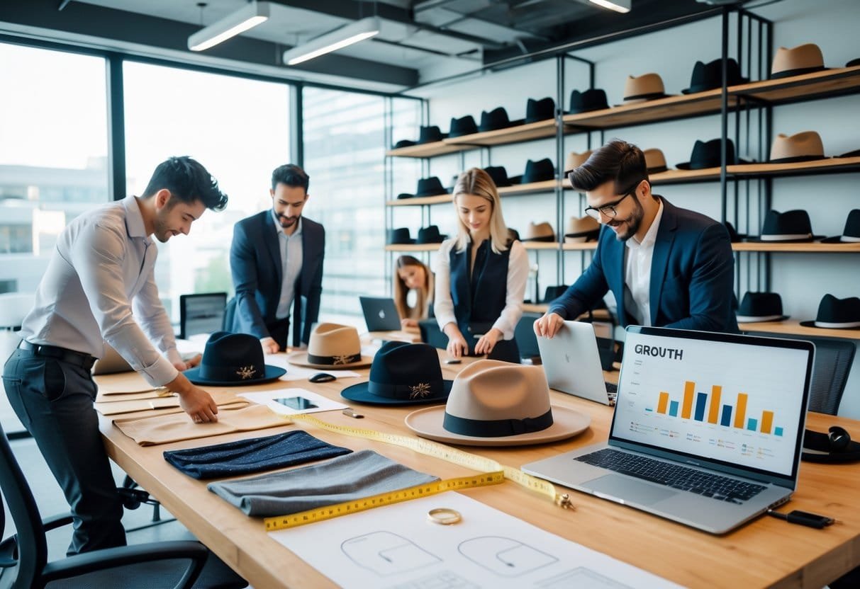 A group of people working together in an office with hats, fabric samples, and design sketches on a table, collaborating on a hat business.
