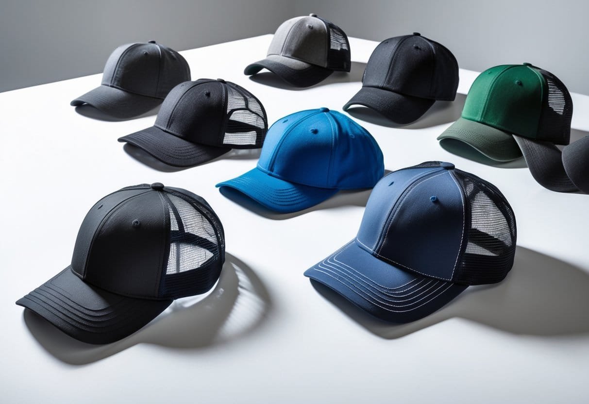 A collection of different types of baseball hats arranged on a white surface.