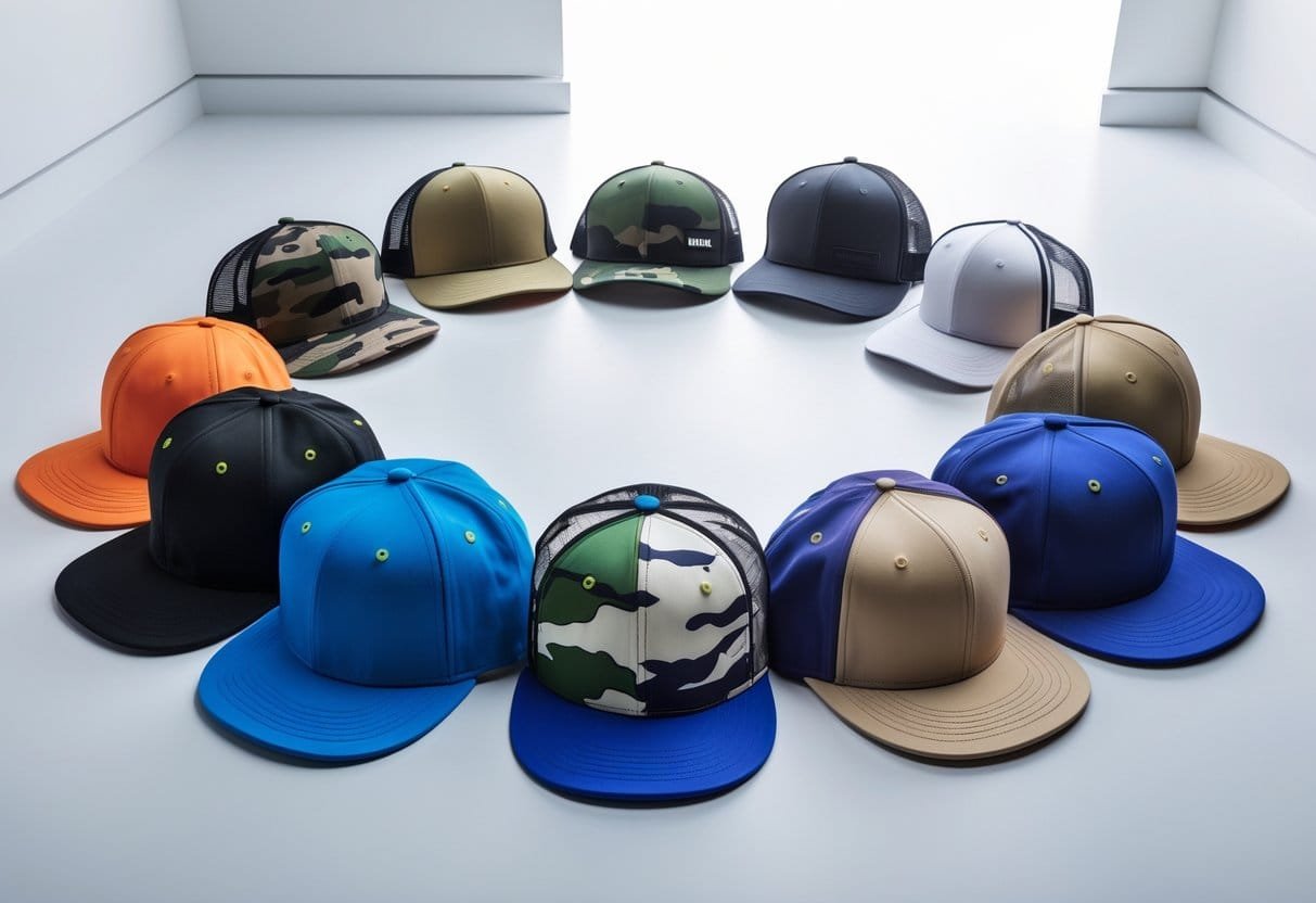 A collection of various snapback baseball hats arranged on a white surface.