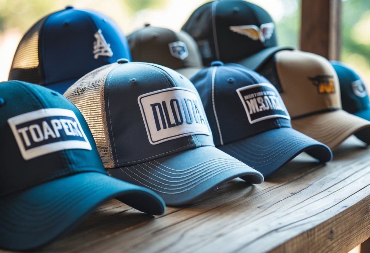 A collection of different types of baseball hats arranged on a wooden surface.