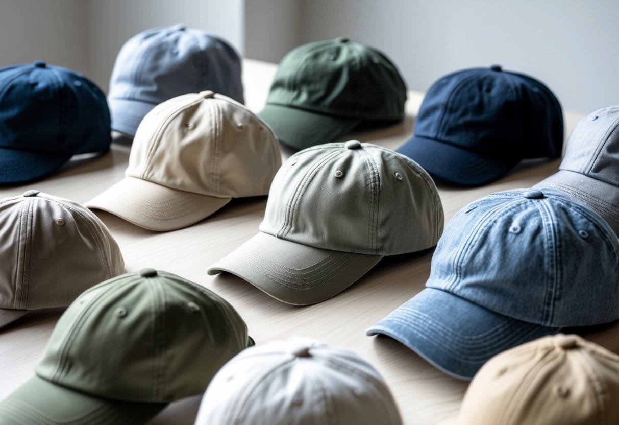 A collection of different dad style baseball hats arranged on a wooden surface.