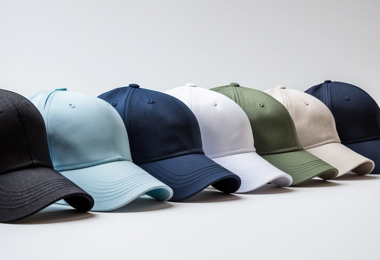 Five different 5-panel baseball caps arranged side by side on a white background.