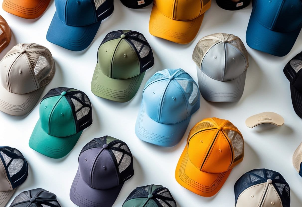 Several baseball caps with curved brims arranged on a white surface showing different styles and colors.