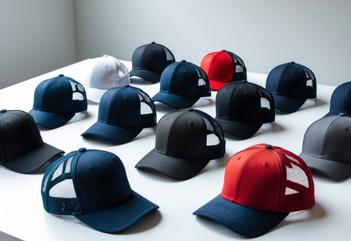 A collection of various mesh back baseball caps in different colors arranged on a white surface.
