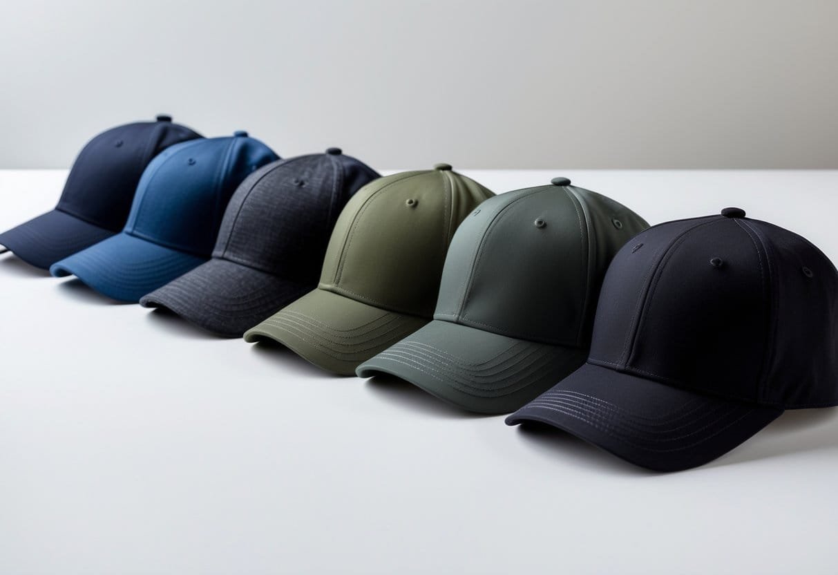 A row of different colored low profile baseball caps displayed on a white surface.