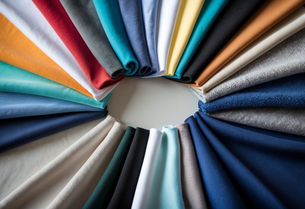 A flat lay of twelve different tracksuit fabric samples arranged neatly on a neutral background.