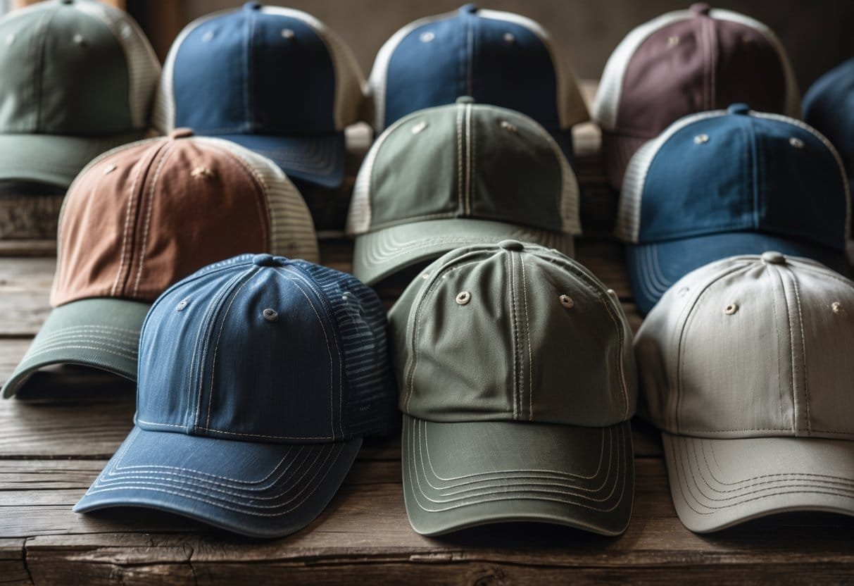 A collection of vintage baseball caps arranged on a wooden surface, showing different styles and colors.