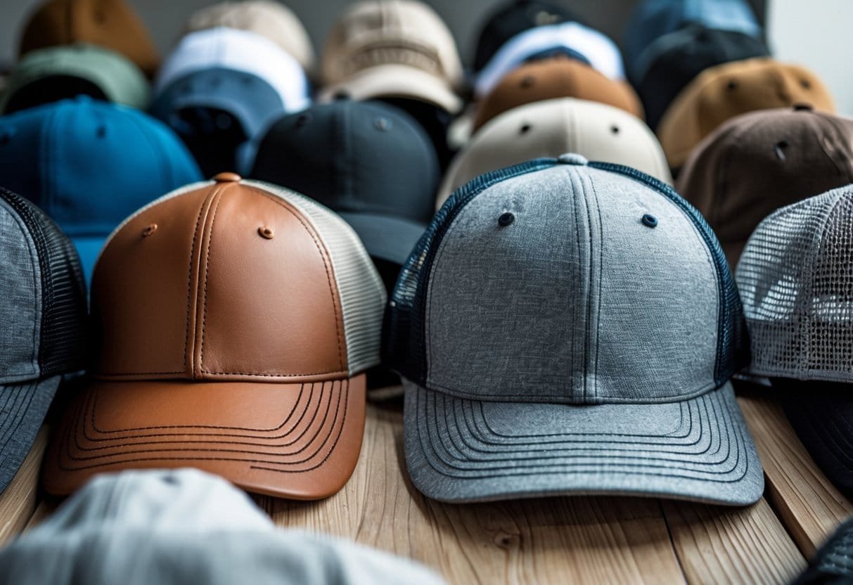 A collection of baseball hats made from different materials arranged on a wooden surface.