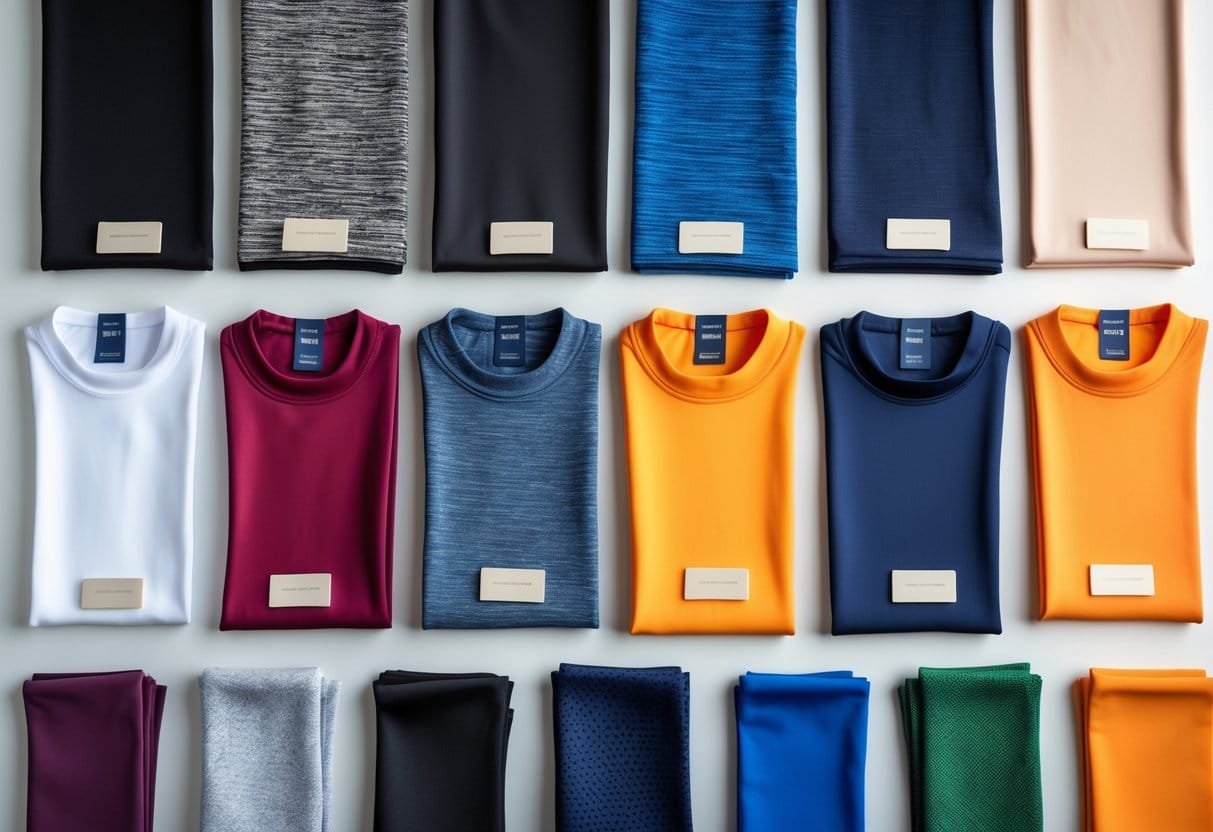 A flat lay of twelve different tracksuit fabric samples arranged neatly on a neutral background, showing various colors and textures.