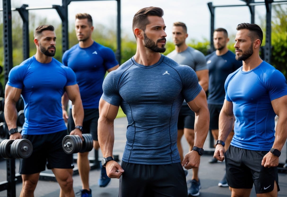 A group of men exercising outdoors wearing different types of workout shirts.
