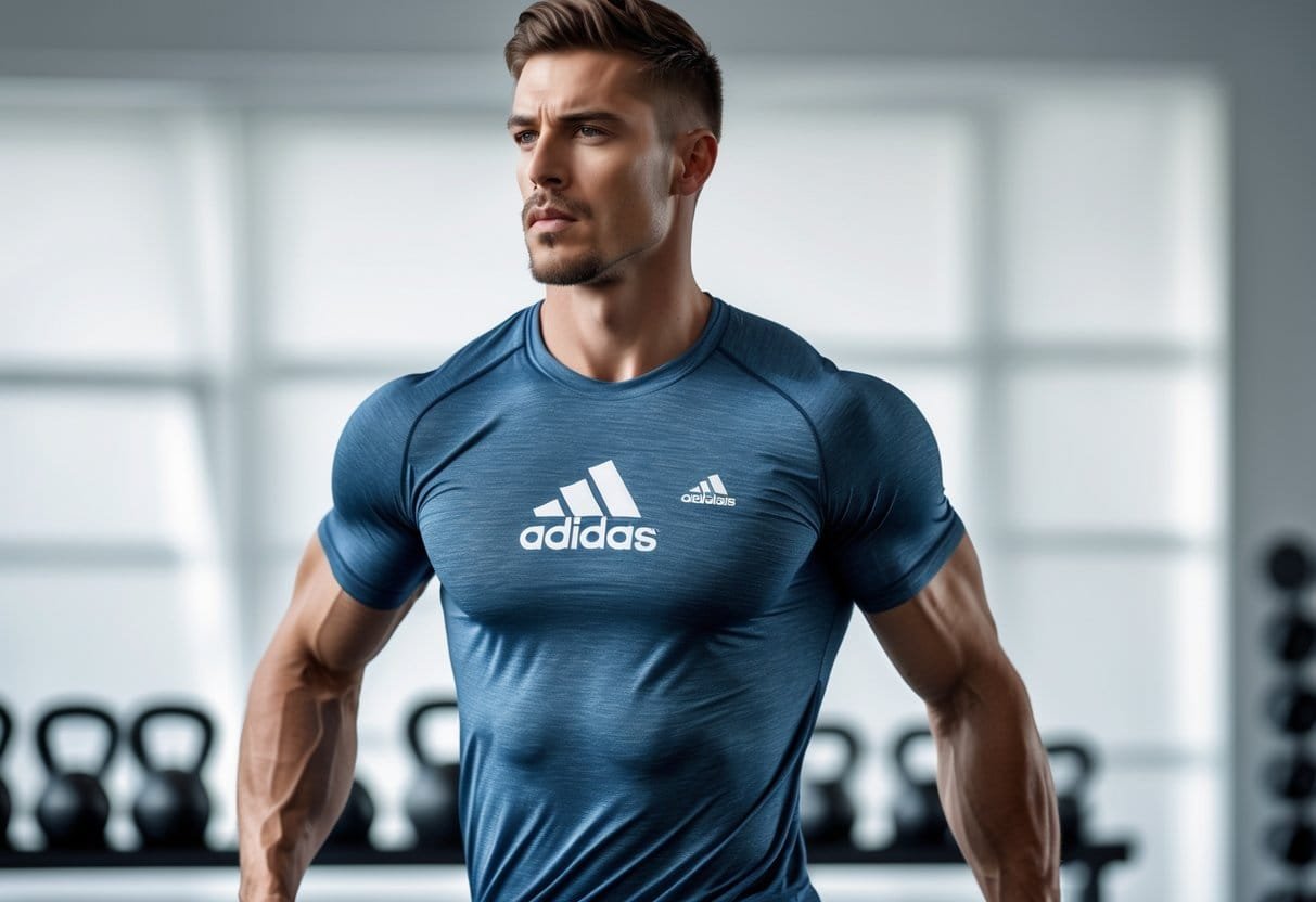 A fit man wearing an Adidas workout shirt is exercising in a gym with workout equipment in the background.