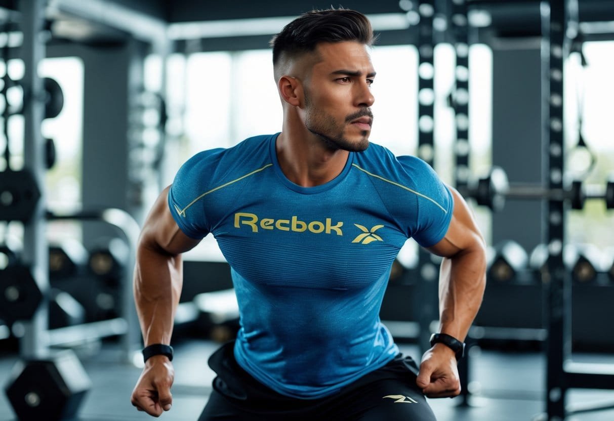 A fit man working out in a gym wearing a short-sleeve athletic T-shirt, performing an exercise with gym equipment in the background.