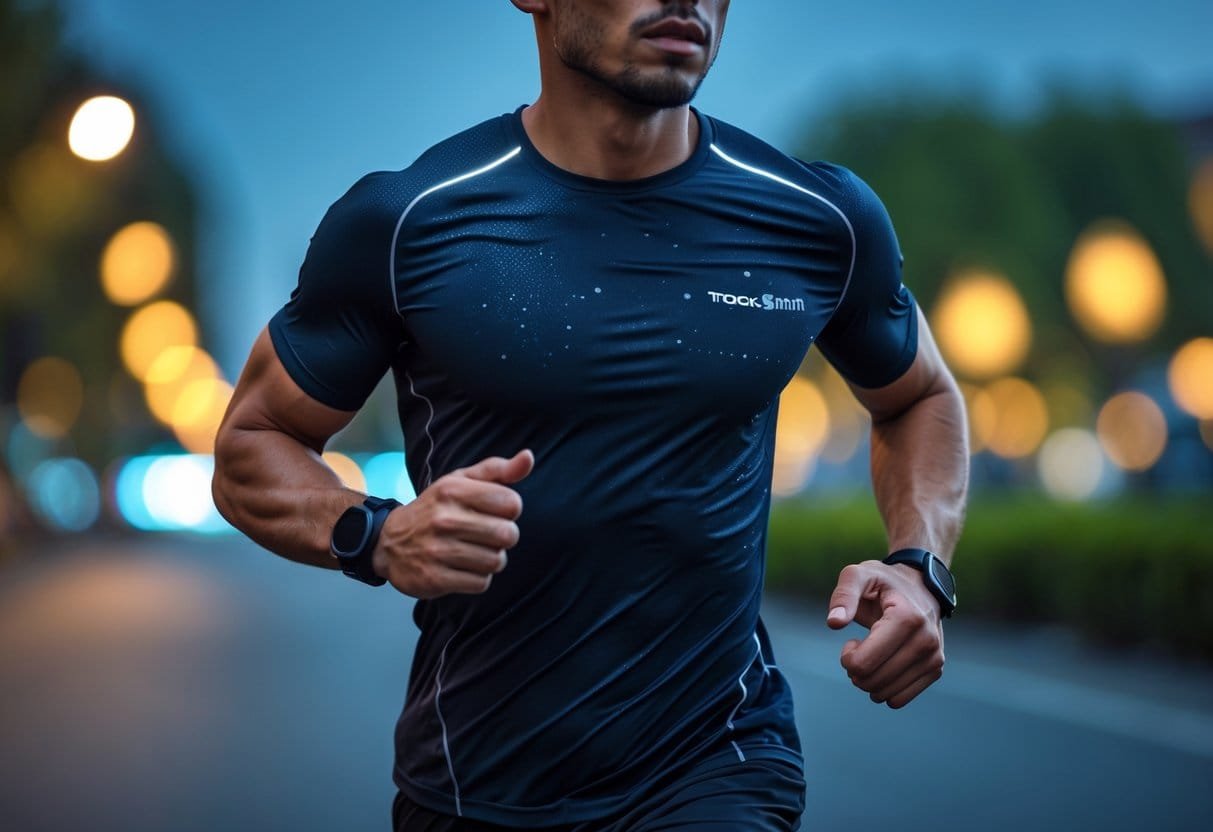A man running outdoors at night wearing a dark workout shirt in a softly lit urban environment.