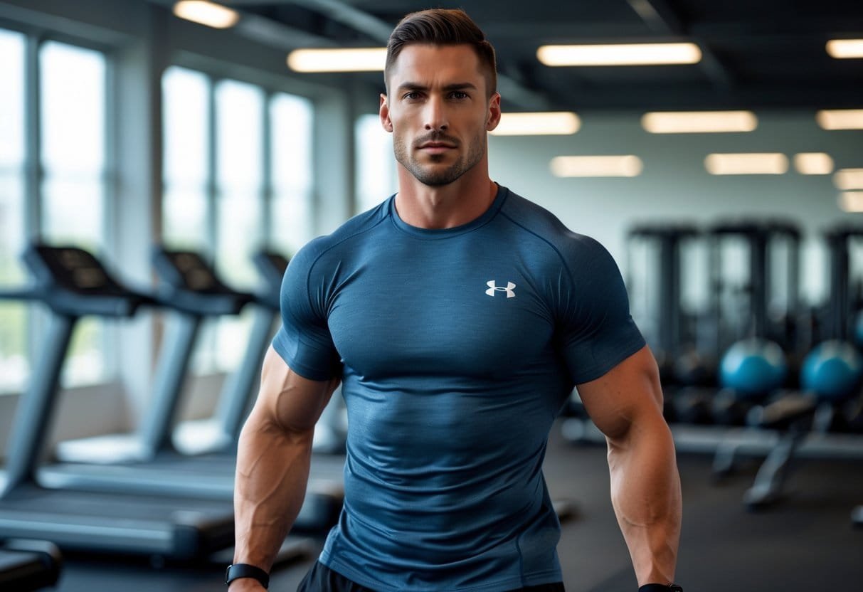 A fit man wearing a workout shirt exercising in a gym with gym equipment in the background.