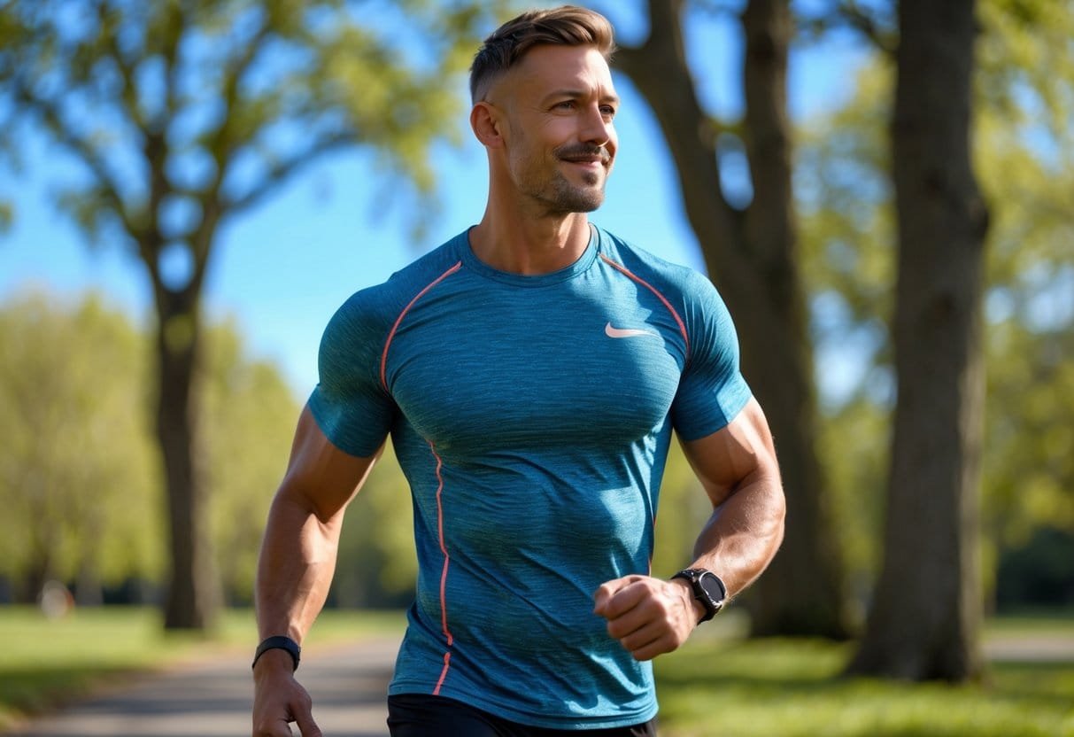 Athletic man wearing a lightweight workout tee outdoors in a park, preparing for exercise.