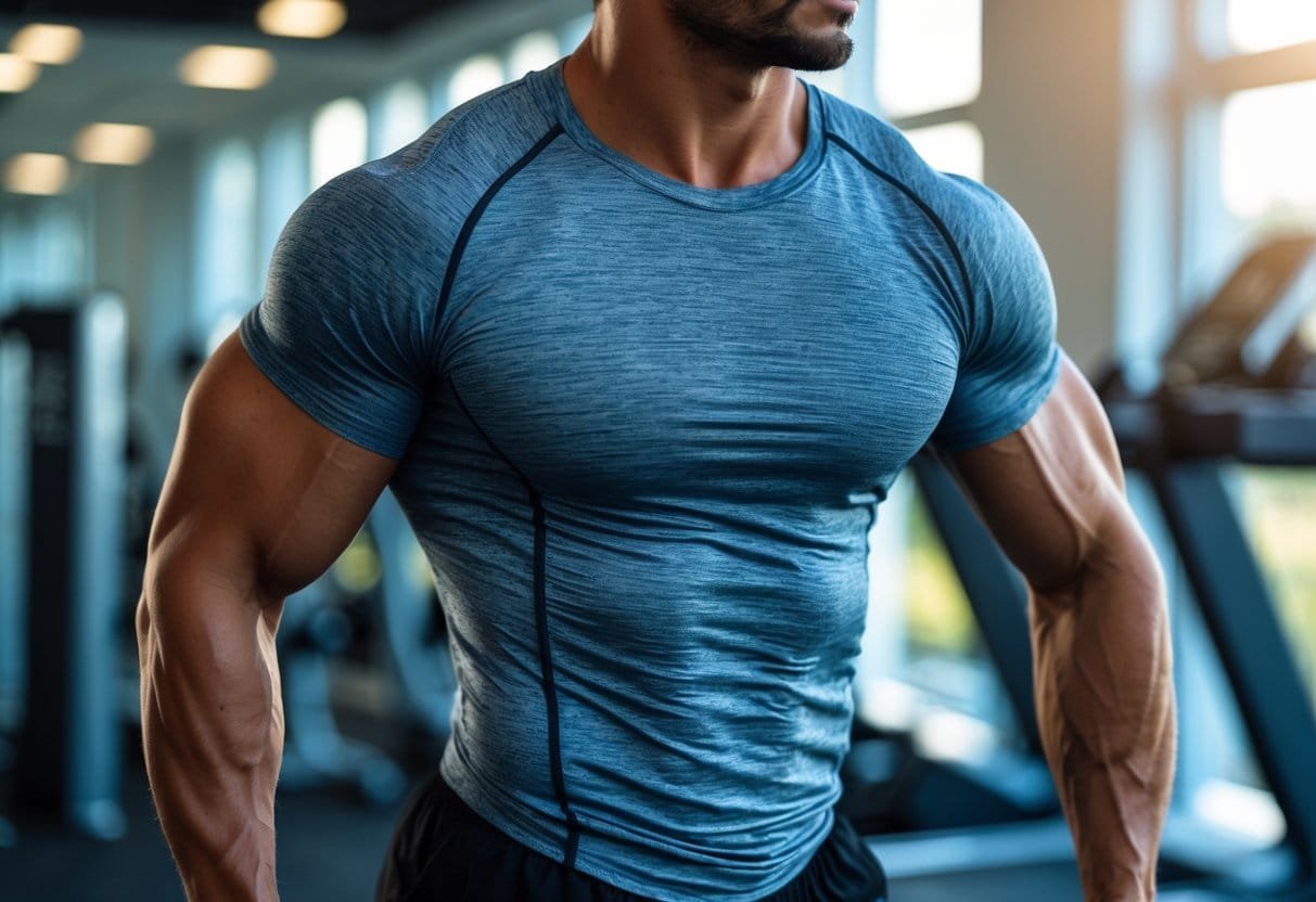 Athletic man wearing a fitted workout shirt exercising in a gym with exercise equipment in the background.