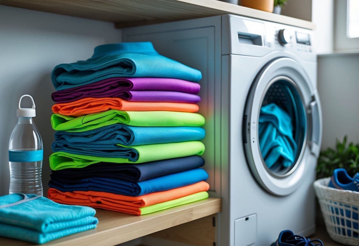 A neatly organized laundry area with folded men's workout shirts, a washing machine, and gym accessories like shoes and a water bottle.